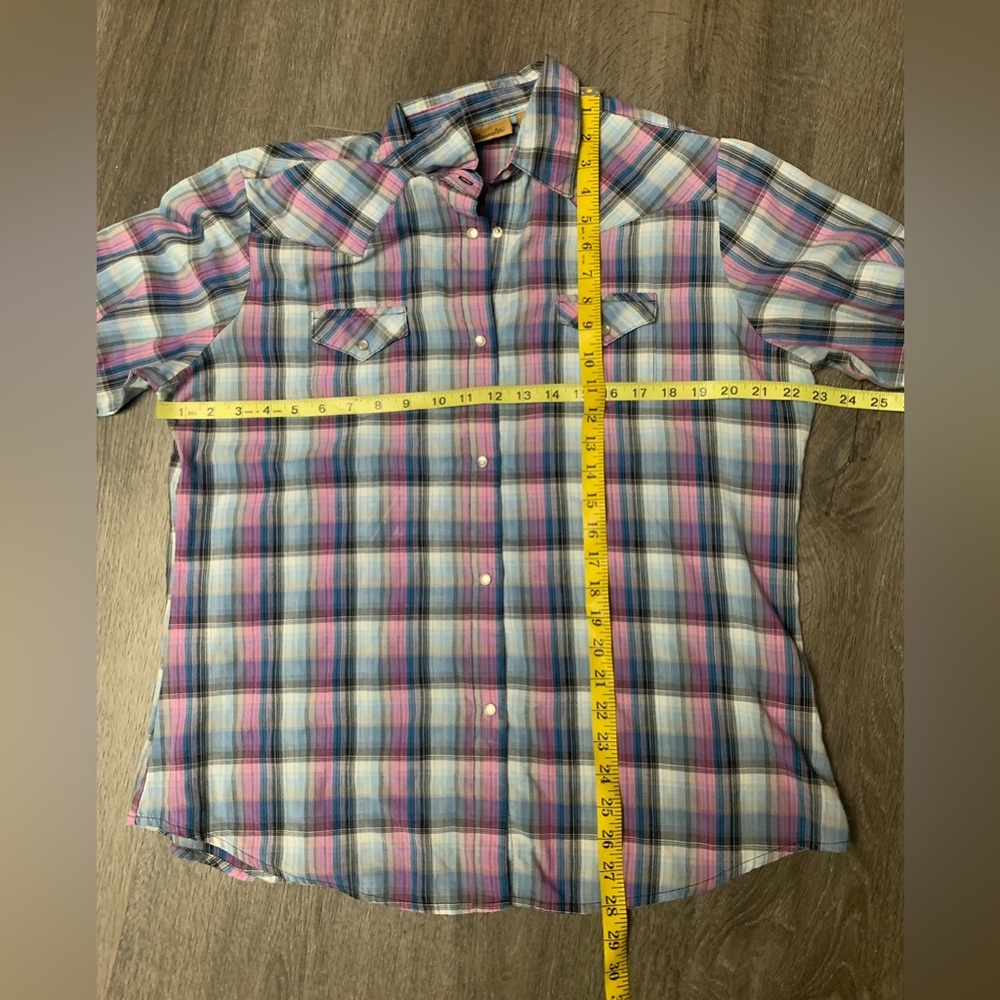 Wrangler Pearl Snap Shirt Plaid Long Sleeve Purple Pink Blue Western Cowgirl XL - Picture 6 of 7